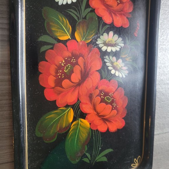 Vintage Handpainted USSR Metal Tray With Floral Design - Picture 2 of 7